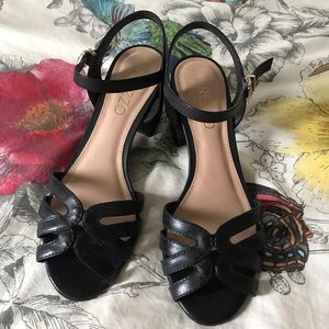 AREZZO black leather summer heels. Sensible heels